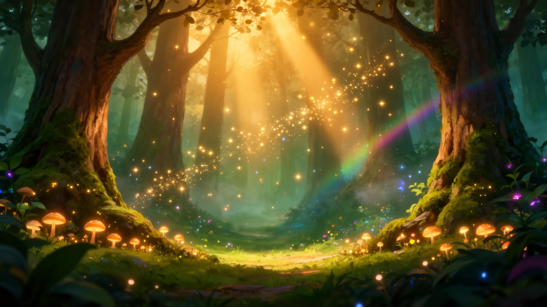 Enchanted magical forest filled with glowing sparkles and rainbows